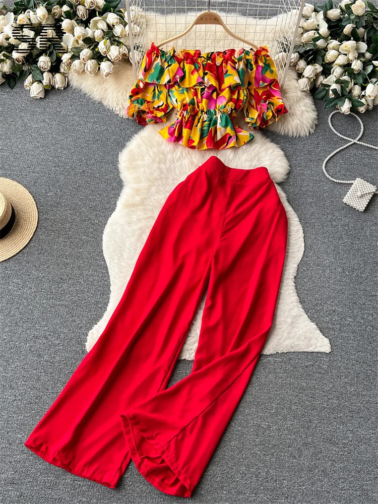 SINGREINY Fashion Two Piece Sets Women Ruffles Floral Print Shirt Elastic Waist Wide Leg Long Pants Korean Slim Summer Suit 250617