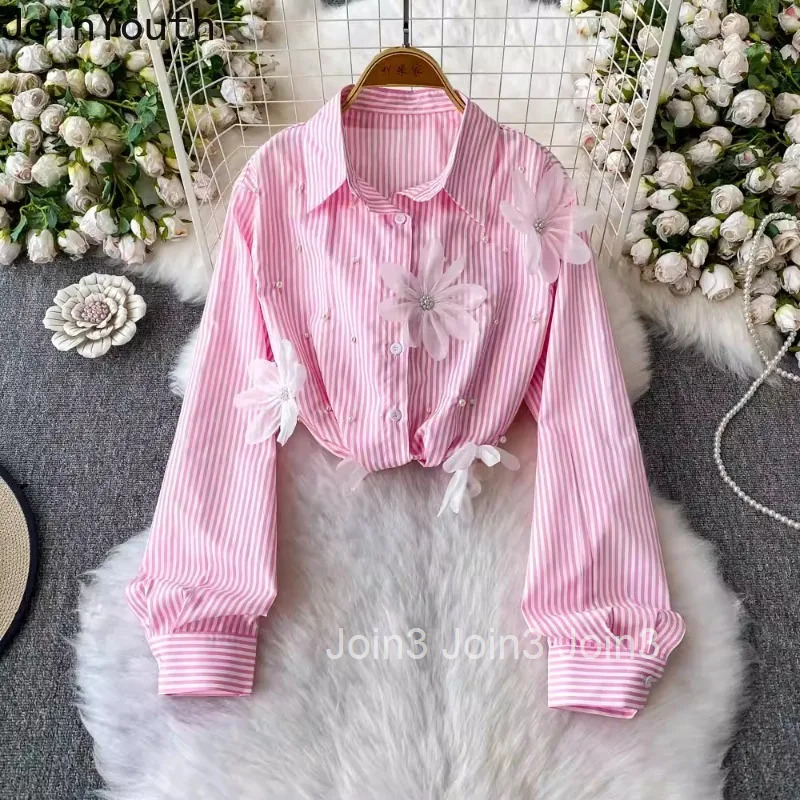 2025 Blusas Mujer De Moda Fashion Striped Blouses Womens Clothing Chic Beading Long Sleeve 3D Floral Loose Summer Shirt Tops