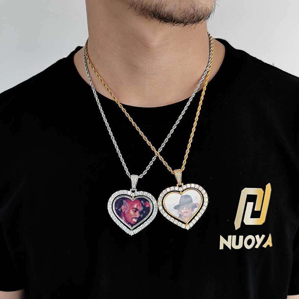 Hip Hop Rotatable Double-Sided Heart Micro-Paved Zircon Commemorative Frame Necklace Photo Pendant 2100