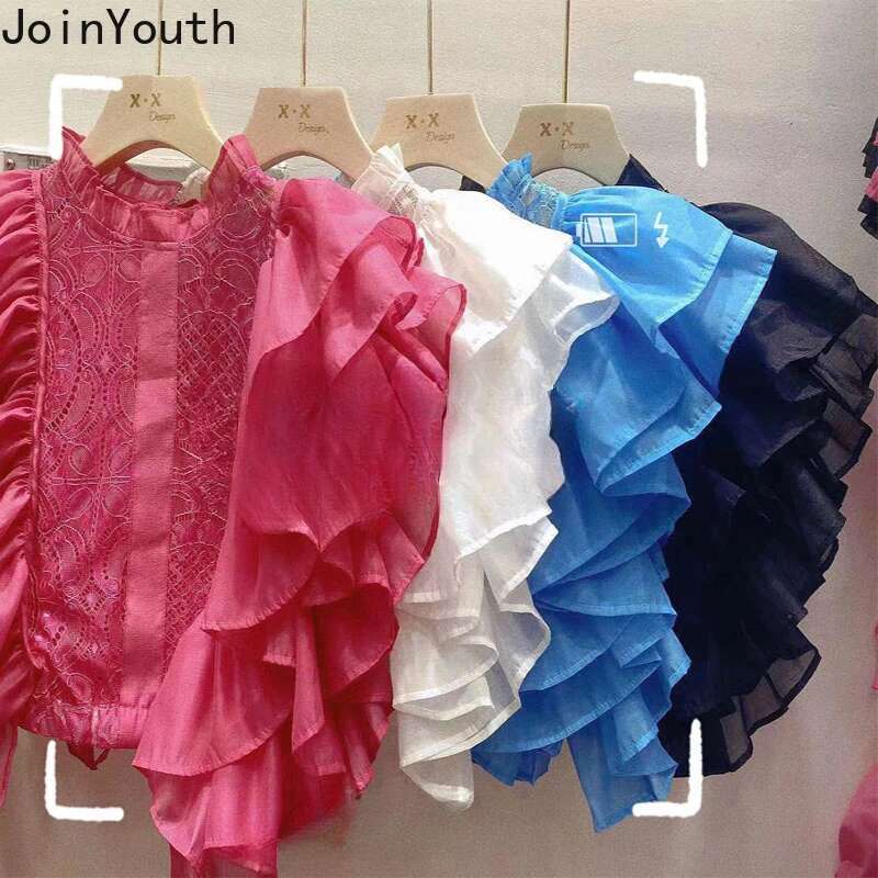 2025 Blusas Mujer De Moda Summer Blouse Women Stand Neck Flying Sleeve Lace Shirts Crop Tops Hollow Out Ruffles Sexy Blouses