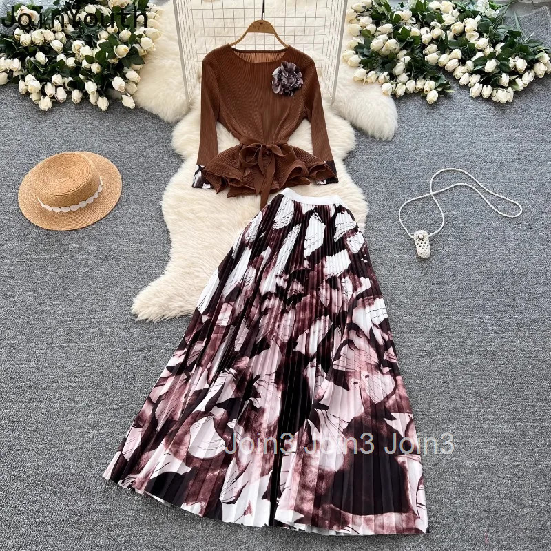 Women Clothing 2 Piece Sets Slim Waist 3D Floral Tops High Waist Print Pleated Skirt Outfits Vintage Roupas Femme Korean Suit