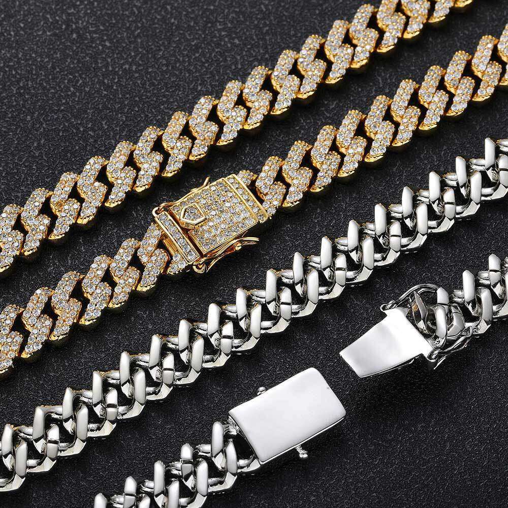 Hip Hop Men's Jewelry 12mm Double Row Zircon Dia Cuban Chain Gold Necklace 676e