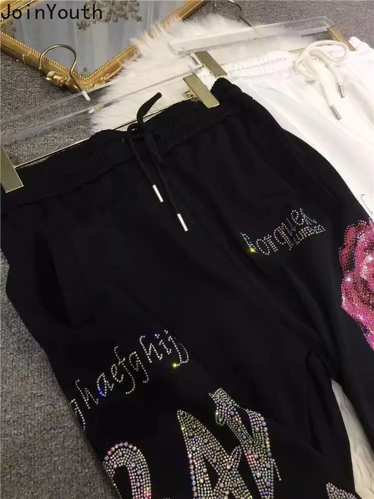 Streetwear Chic Pants for Women 2025 New Bottoms Heavy Diamond Letter Floral High Waist Trousers Korean Harajuku Y2k Harem Pants
