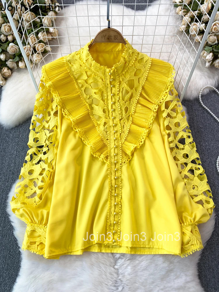2025 Blusas Mujer De Moda Vintage Blouse Women Clothing Stand Neck Lantern Sleeve Loose Shirts Hollow Out Summer Blouses Tops