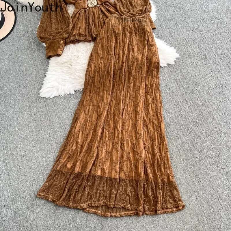 Women Clothing Skirt Outfits 2 Piece Sets V-neck Lantern Sleeve Slim Waist Tops High Waist Slim Fit Suit Fashion Temperament Set