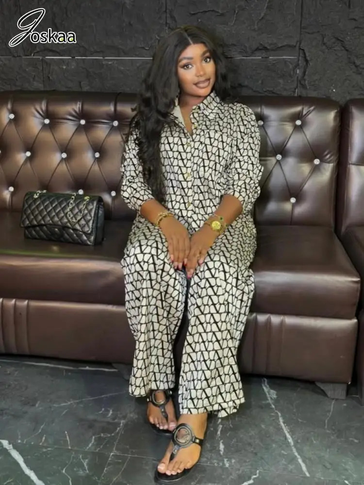 Joskaa Print 2 Piece Sets Women Hipster Lapel Full Sleeve Oversized Blouse and Wide Leg Pants Matching 2025 Y2K Streetwear 250617
