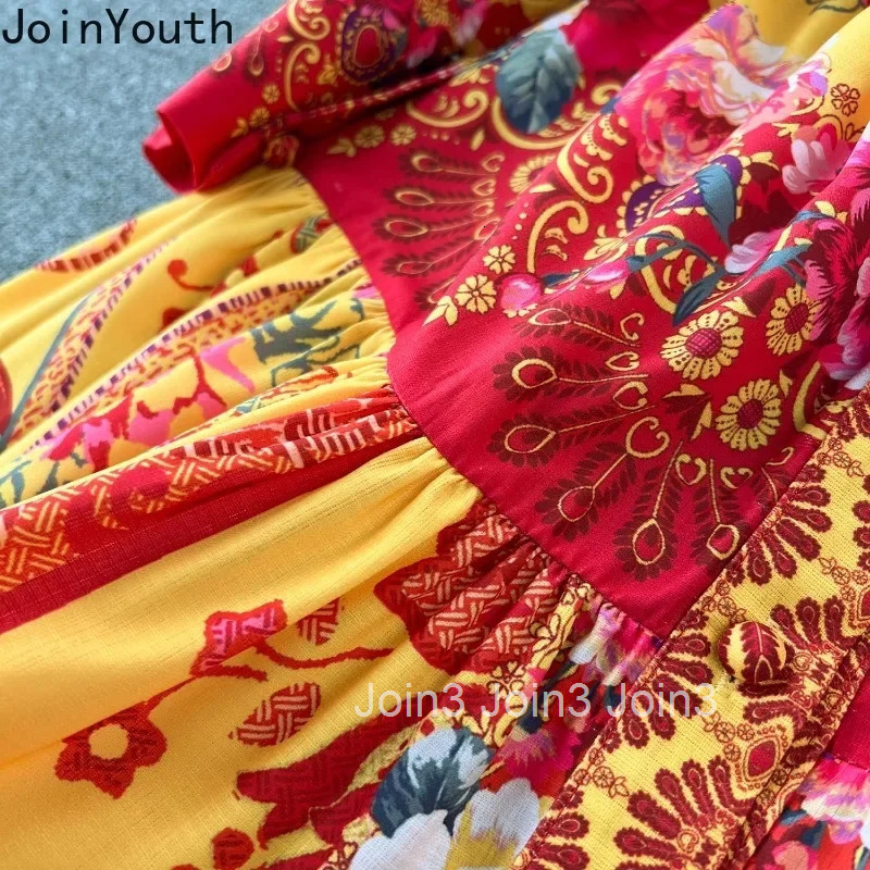 Korean Woman Dress Floral Lantern Sleeve High Waist Robe Femme 2025 Vestidos De Mujer Belt Big Swing Summer Vintage Maxi Dresses