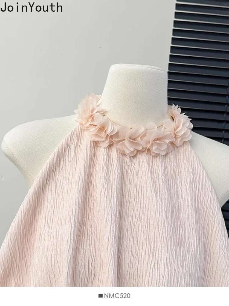 Pink Vest Crop Top Chic Womens Clothing Sleeveless Loose Summer Camis 2025 Ropa Mujer O-neck Floral Folds Sexy Korean Tanks
