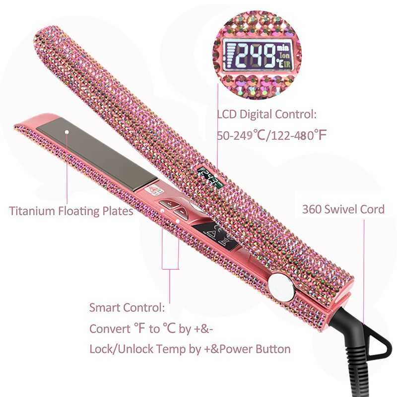 Hair Straightener and Curler Titanium Flat Iron Rhinestone Straightening Iron plancha y rizador en uno Plancha pelo Dual VoltageXJ250621