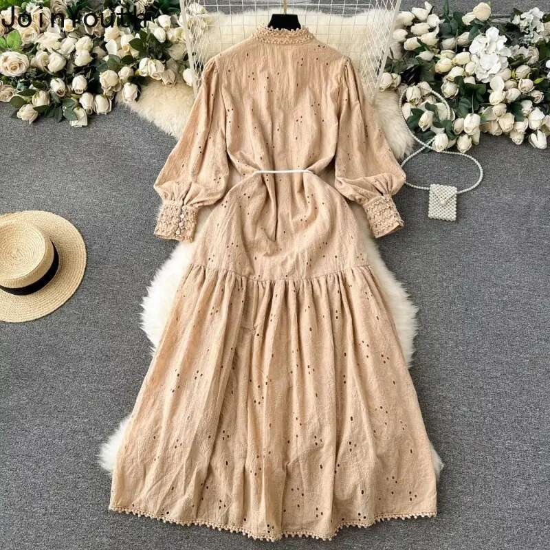 2025 Vestidos De Mujer Tunic Stand Collar Lantern Sleeve Dresses Sweet Heavy Embroidery Crochet Hollow Out Vintage Dress Women