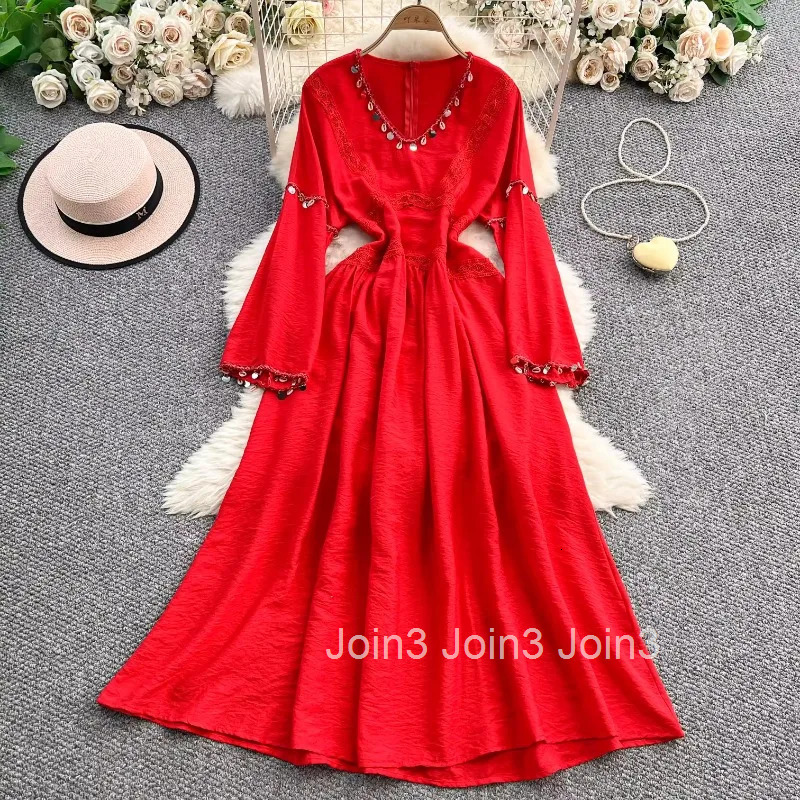 Elegant Woman Dress V-neck Flare Sleeve Slim Waist Robe Femme 2025 Vestidos De Mujer Chic Tassel Vintage Summer Maxi Dresses
