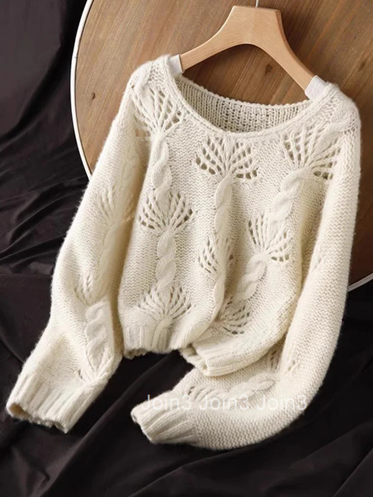 Knitted Mohair Sweater for Women Fashion Hollow Out Jumper 2025 Ropa Mujer O-neck Vintage Cropped Pullovers Sueter Mujer 27s338
