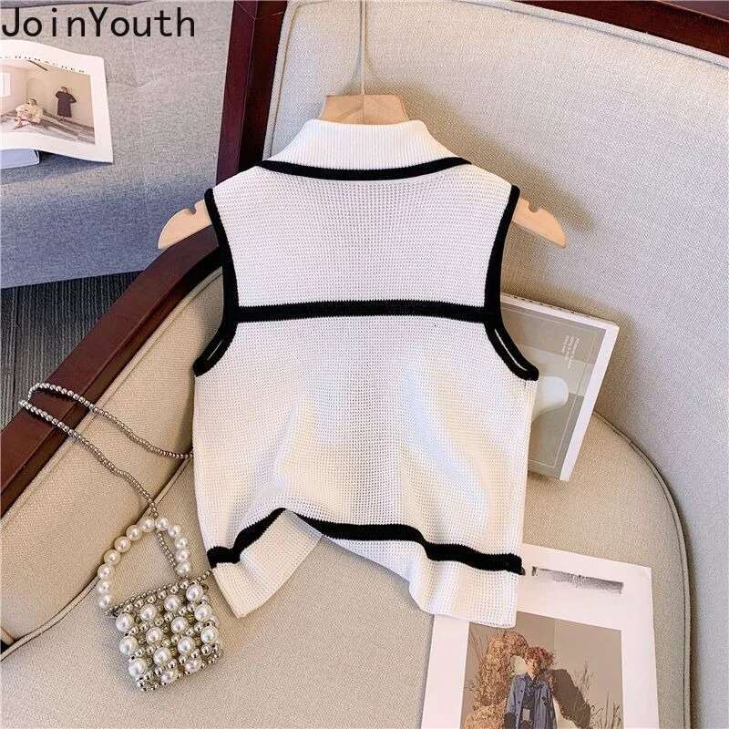 Vintage Sweater Knitted Vest Womens Clothing Temperament Sleeveless Summer Waistcoat Cropped Tops Casual Fashion Tunic Tanks