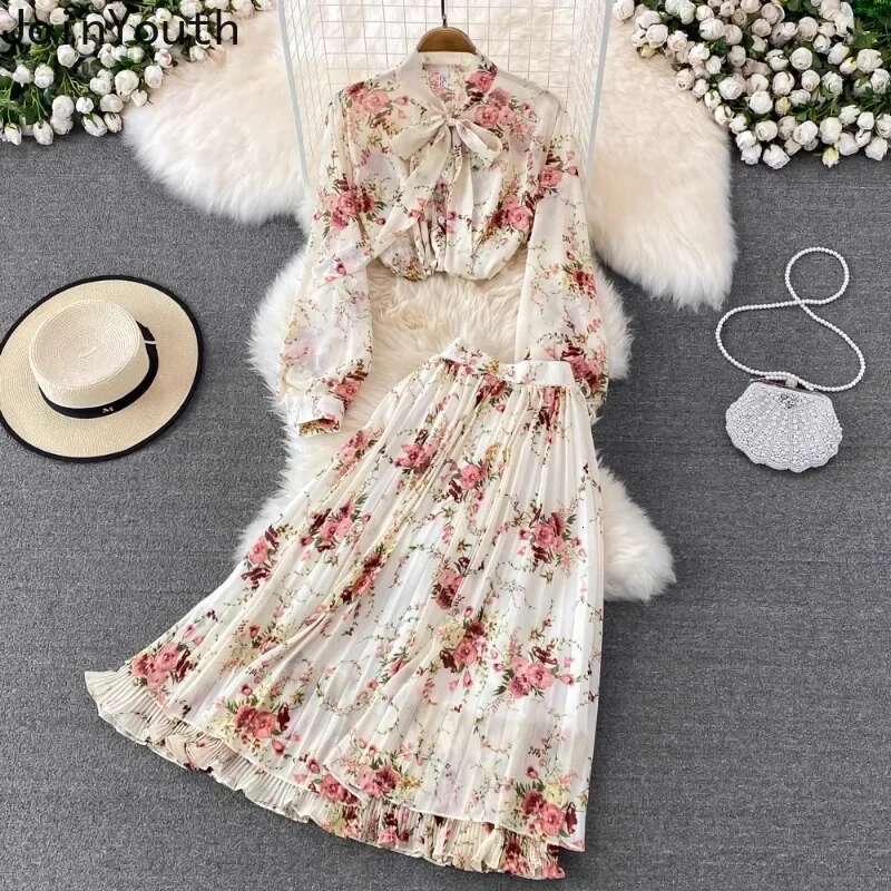 Skirt Outfits Women Clothing 2 Piece Sets Bandage Bow Long Sleeve Shirt High Waist Pleated Skirt Suit Fashion Floral Chiffon Set