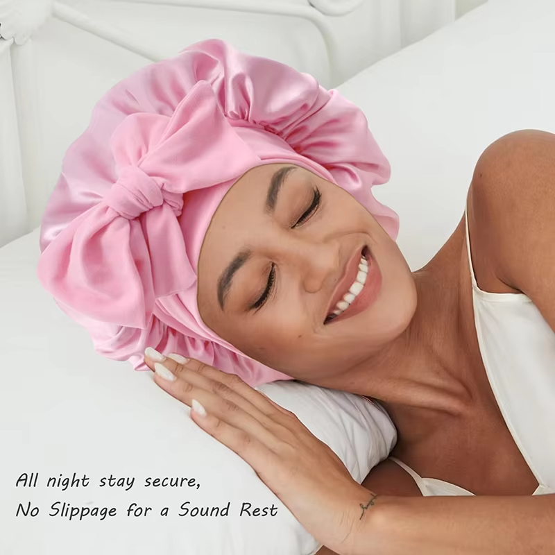 Women Satin Bonnet Solid Sleeping Hat Stretchy Tie Band Elastic Night Shower Cap Adjustable Hair Head Cover Bonnet for Women Hat Satin Solid Night Sle