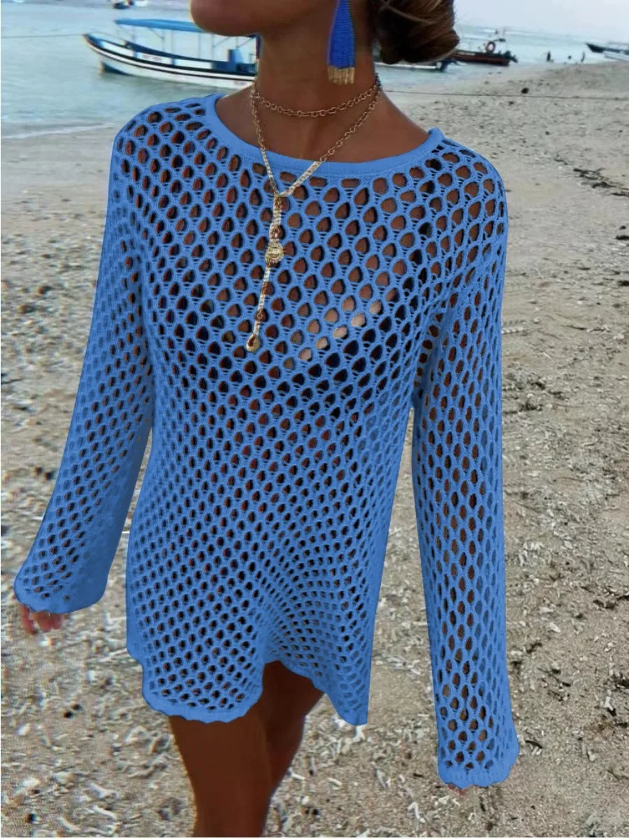 DRC Female Sheer Loose Beach Holiday Mini Dresses Sexy Hollow Out Knit Cover Up Dres Summer Splice Knitwear 250616