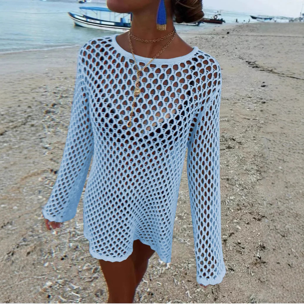 DRC Female Sheer Loose Beach Holiday Mini Dresses Sexy Hollow Out Knit Cover Up Dres Summer Splice Knitwear 250616