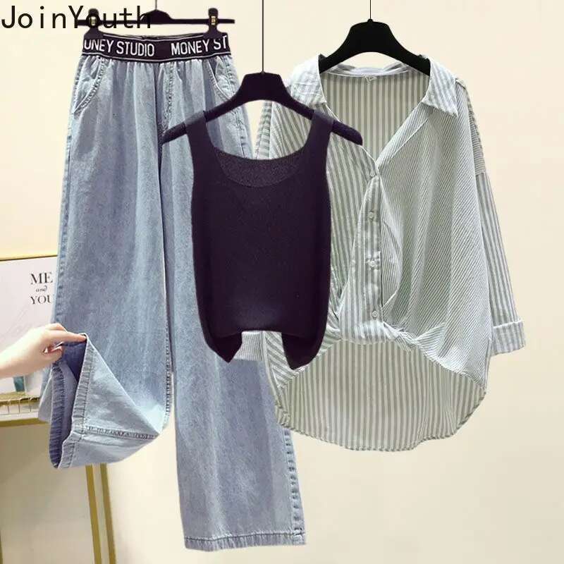 Oversized Clothes Fashion 3 Piece Sets Women Striped Blouses Knit Vest High Waist Striped Wide Leg Pants Outfitd Casual Set