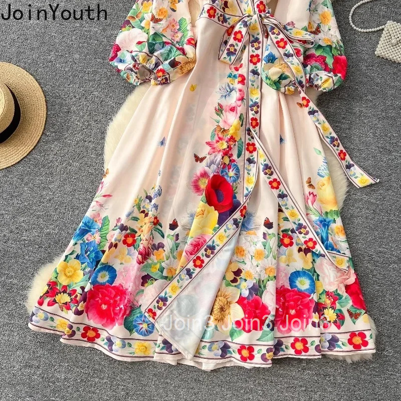 Summer Woman Dress 2025 Vestidos De Mujer V-neck Bandgae Lantern Sleeve Big Swing Elegant Robe Femme Vintage Floral Maxi Dresses