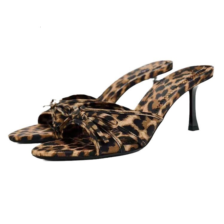Luxury Brand Designer Shoes Sandals 2024 Spring Summer Women's Shoes Leopard Print Bow Decor Stiletto Heel Open Toe Round Toe High Heel Sandals W