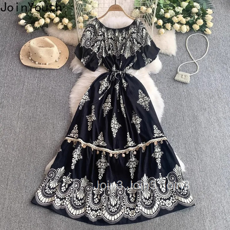 Maxi Dress Womens Clothing 2025 Vestidos De Mujer O-neck Puff Sleeve Slim Waist Robe Femme Floral Tassel Vintage Summer Dresses