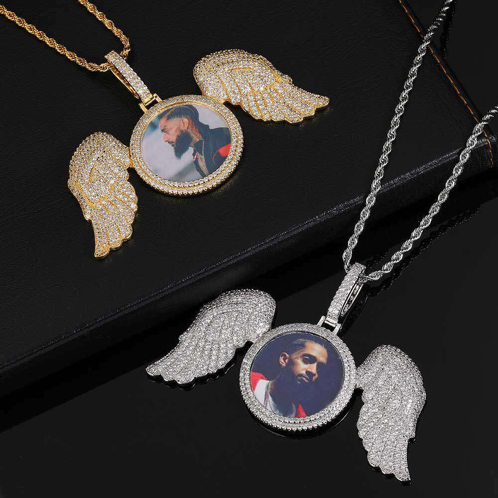 Large Wings Round Photo Pendant Micro Paved Zircon Personality Memory Frame Angel Necklace 7f55