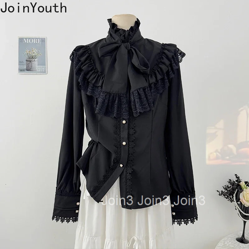 Lolita Style Women Tops Camisas De Mujer Bandage Bow Stand Neck Blouses Womens Clothing Patchwork Lace Vintage Blouse Shirts