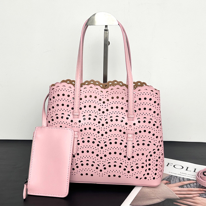 Mina25 tote shopping bag hollowed out Vienna pattern simple cowhide leather handbag pink sweet bucket handbag Equipped with a zero wallet