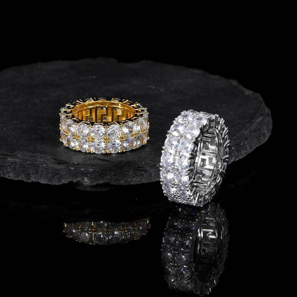 Luxury Jewelry Hip Hop Double Row Diamond Full Diamond 18K Gold Men's Ring Trendy Streetwear Accessory