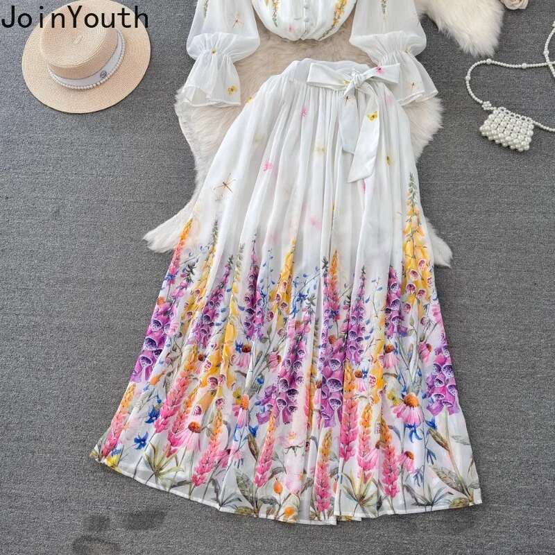Floral Vintage 2 Piece Sets 2025 Women Clothing Stand Neck Bandage Blouses High Waist A-line Big Swing Suit Chic Summer Outfits