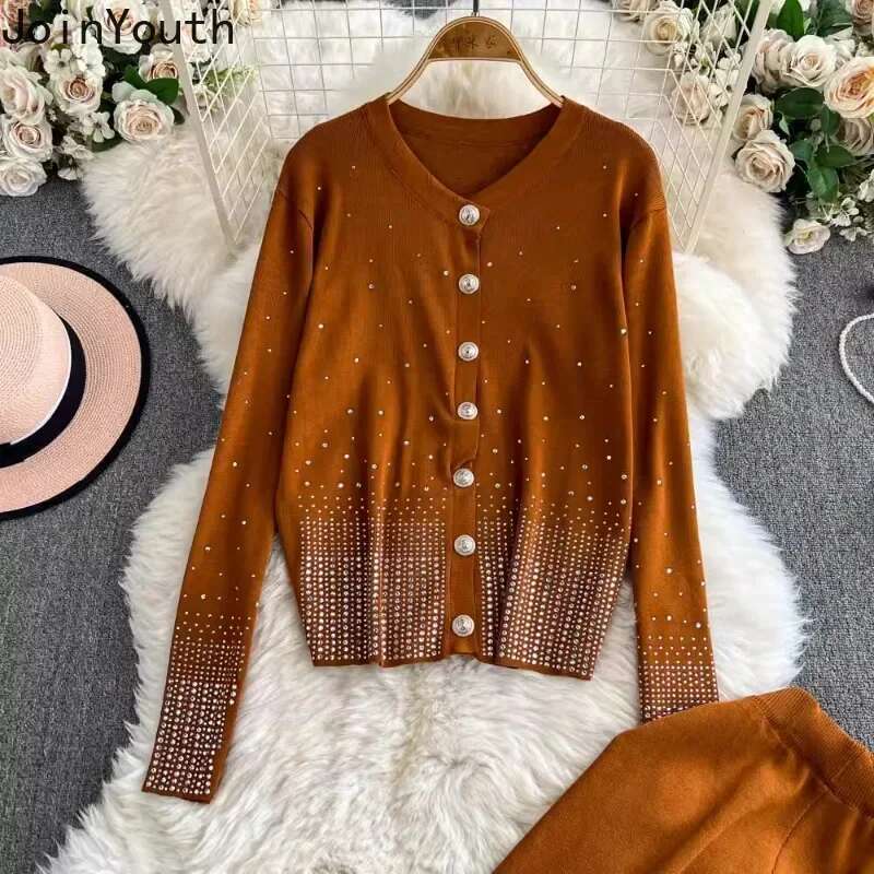 Pants Suit Vintage Two Piece Sets Womens Outfits Diamond Knitted Cardigan Coats High Waist Straight Wide Leg Pants Sets 63b188