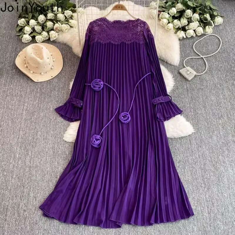 Vintage Robe Femme Pleated Dresses for Women 2025 Vestidos De Mujer Lace Hollow Out Flare Sleeve High Waist Big Swing Maxi Dress