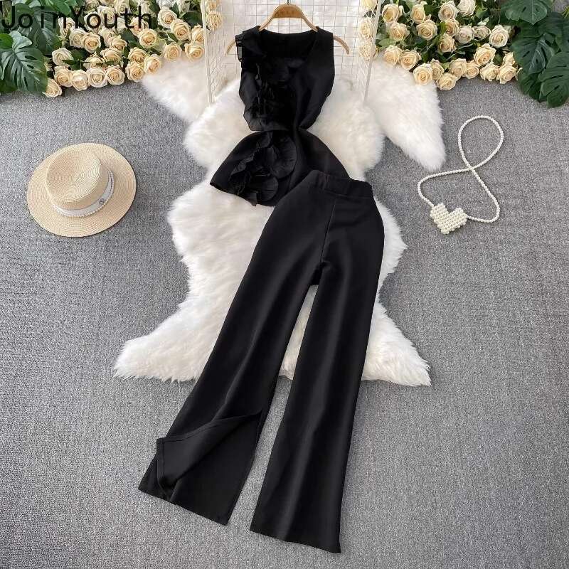 Fashion 2 Piece Set Women Clothing Sleeveless V-neck Ruffles Vest High Waist Wide Leg Pants Suit Temperament Korean Summer Suit