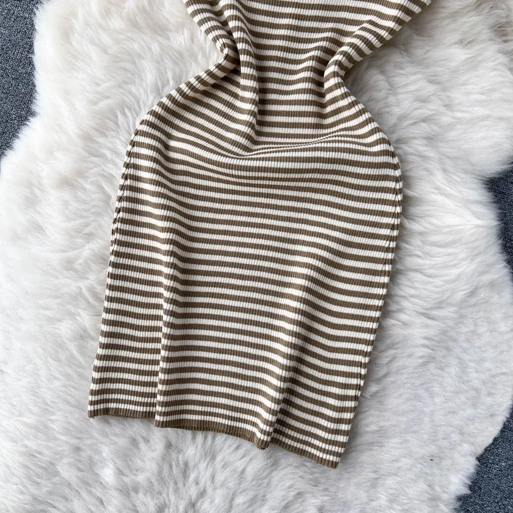 Summer Knit Beach Dress Ladies Spaghetti Strap Backless Slim Elastic Sundress Fashion Korean Striped Short Mini Sexy 250616