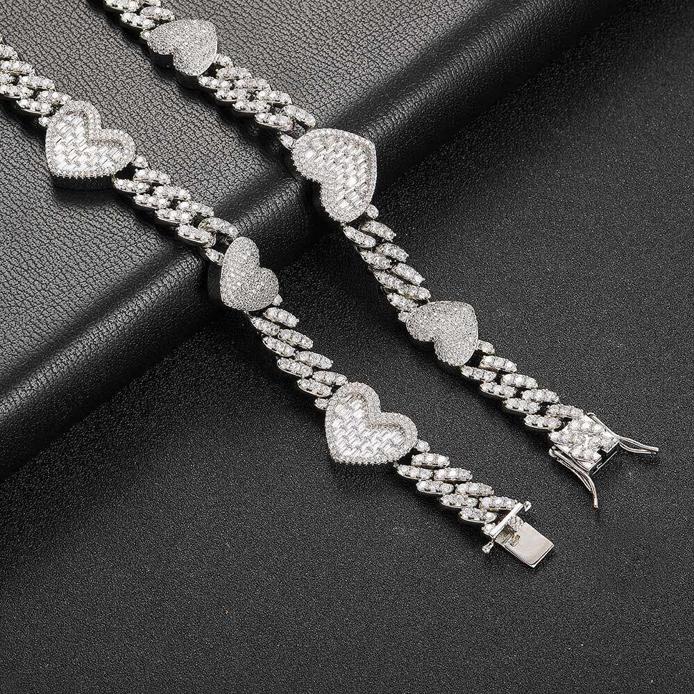 Hip Hop 9mm Heart Cuban Chain Zircon Men's Jewelry High-end Exquisite Women's Necklace 22c5