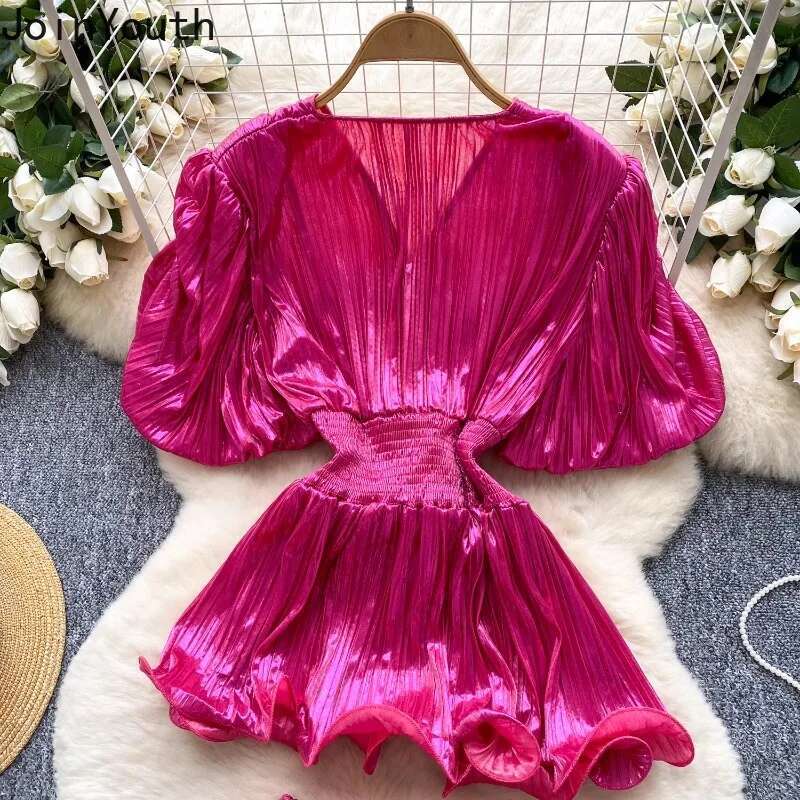 Shorts Suit Chic 2 Piece Sets Womens Outfits Slim Waist Puff Sleeve V-neck Shirts High Waist Wide Leg Shorts Set Roupas Femme