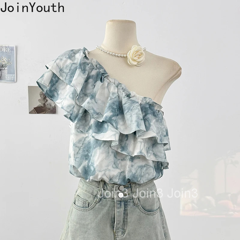 Tie-dye Ruffles Blouses Womens Clothing Off Shoulder Summer Shirts Skew Neck Crop Tops 2025 Blusas Mujer De Moda Folds Blouse