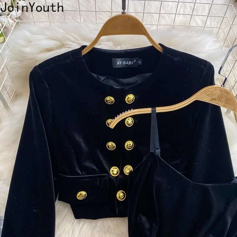 Women Clothes Temperament Outfits 2 Piece Sets Double-breasted O-neck Crop Coats Slim Waist Bodycon Sling Maxi Dress Velvet Suit
