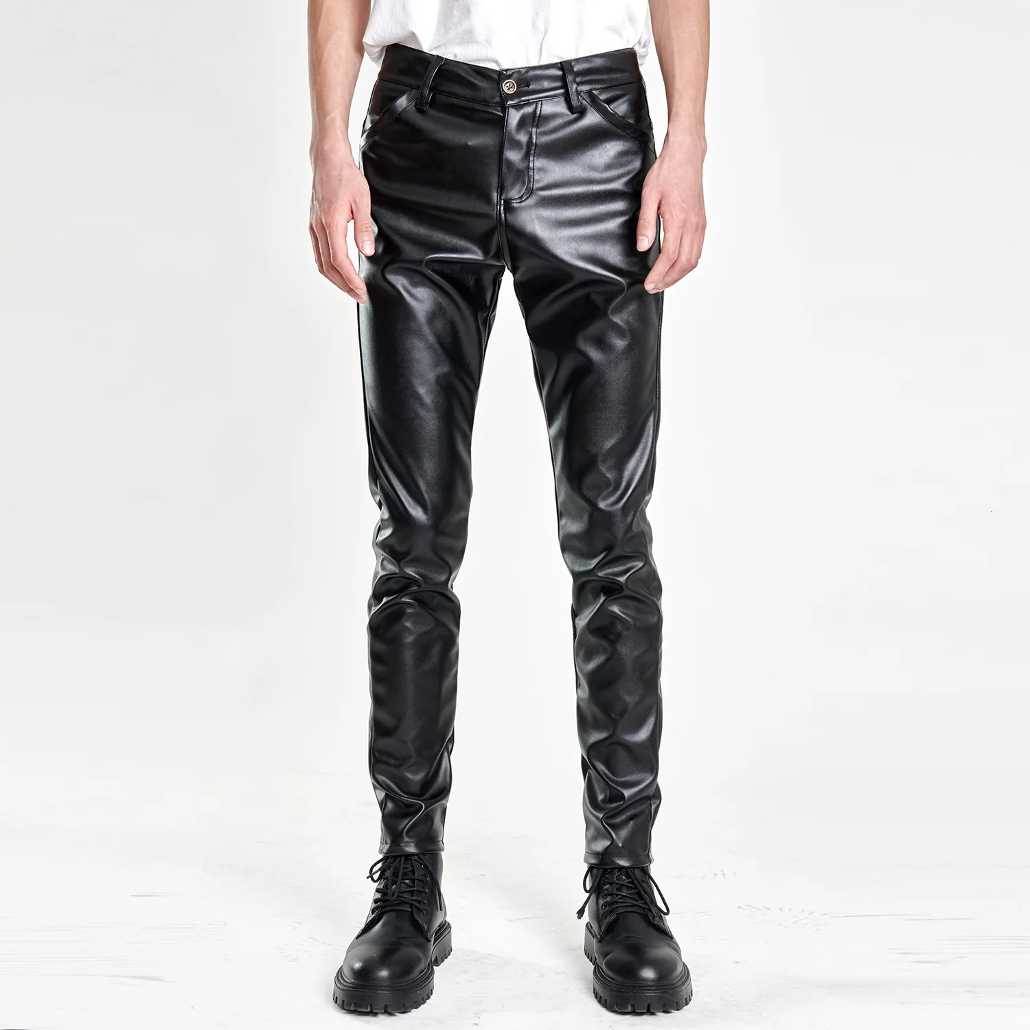 Spring and Summer Thin Youth Leather Pants for Men Stretch Slim Fit Green Bar Orange Breathable Mens 250614