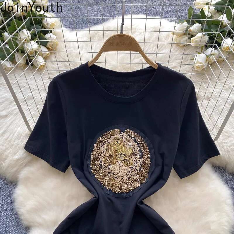 Korean Vestido Femme Vintage Sequin Embroidery Dresses Tunic Temperament Robe Femme Short Sleeve Black Summer Dress for Women