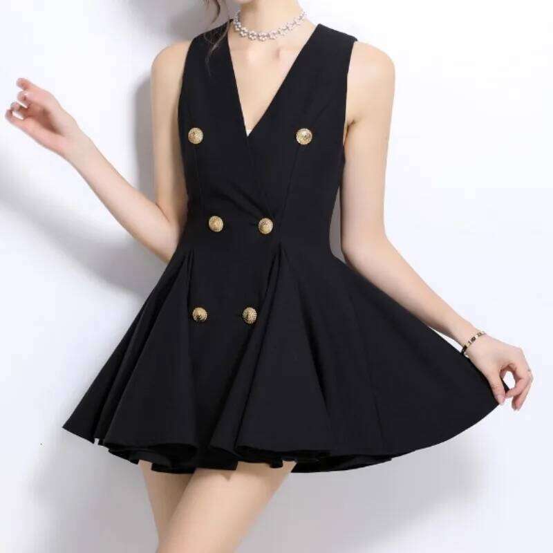 Vintage V-Neck Elegant Sleeveless Chic Double Breasted Slim Short Dresses French Fashion Streetwear High Street Autumn Clothing