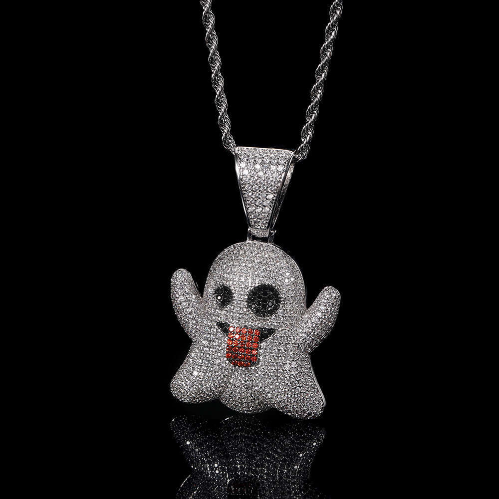 Large Tongue Out Funny Face Ghost Pendant Micro Paved Zircon Trendy Hip Hop Necklace Jewelry 525c