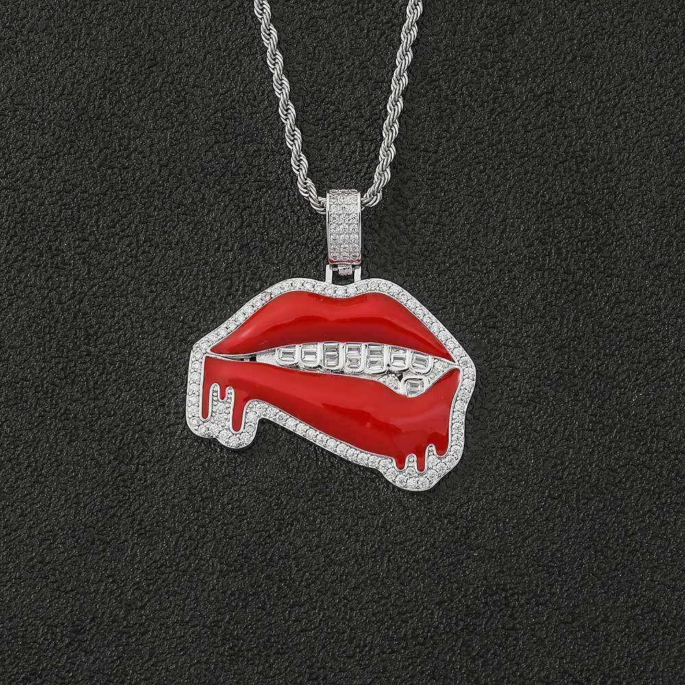 Hip Hop Jewelry Oil Drip Red Lips Copper Inlaid Zircon Trendy Brand Personality Men's Pendant Necklace 5652