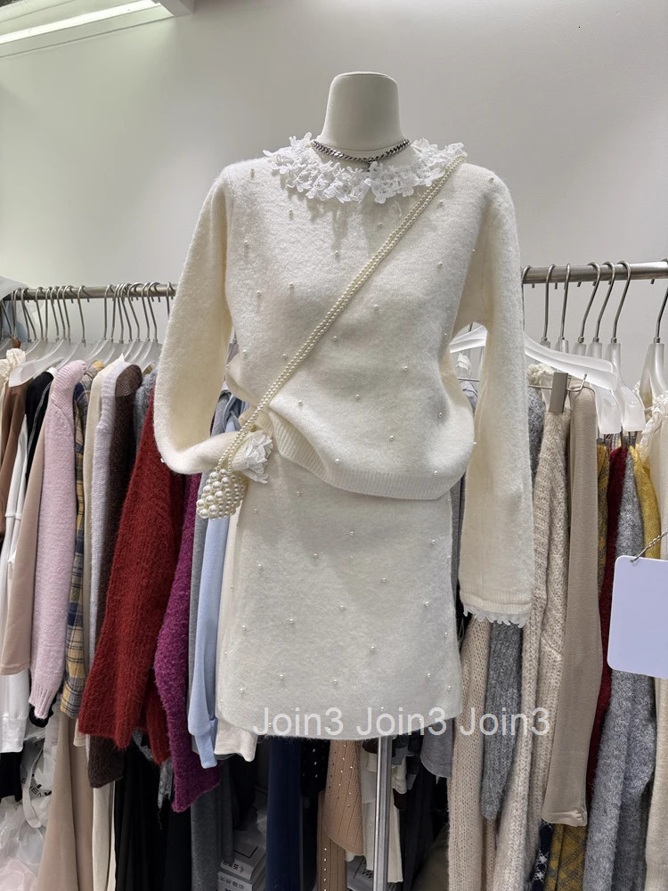 Skirt Suit Women Knitted Two Piece Sets Patchwork Lace O-neck Pullovers High Waist Bodycon Mini Outfits Chic Beading Sweet Set
