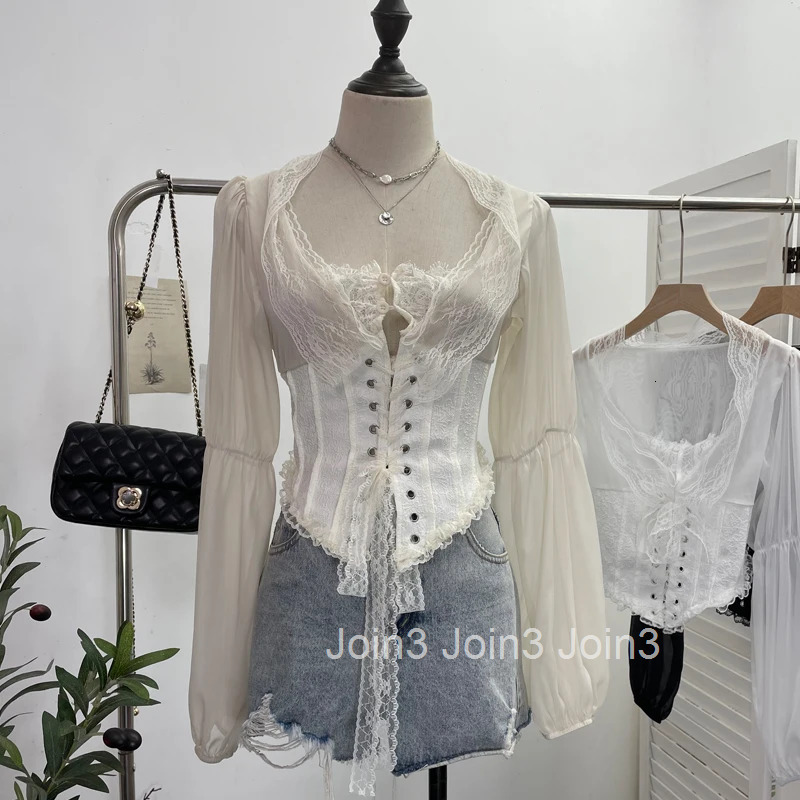 Crop Tops Blouses for Women Long Sleeve Patchwork Lace Slim Waist Bandage Shirts 2025 Camisas De Mujer Chiffon Summer Blouse