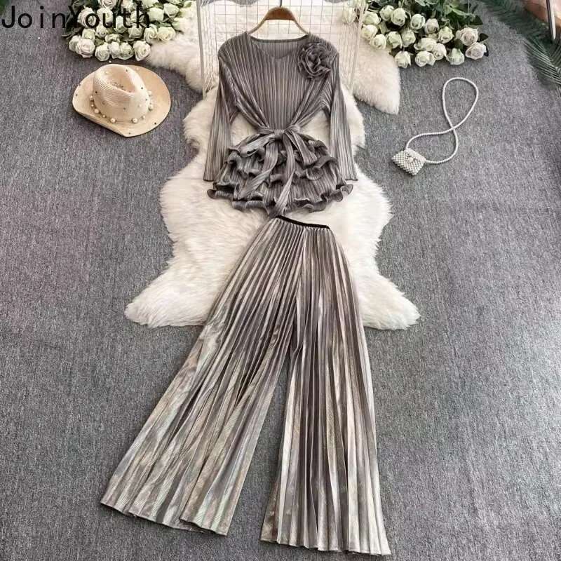 Two Piece Sets Womens Clothing V-neck Ruffles 3D Floral Blouses High Waist Pleated Wide Leg Pants Outfits Fashion Korean Suit