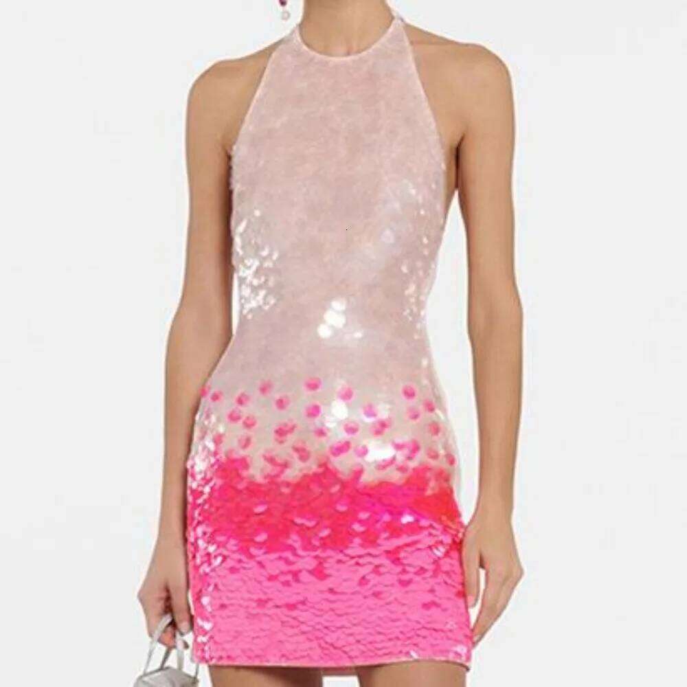 Halter Sleeveless Gradient Sequin Basic Hollow Backless Fashion Sexy Chic Elegant Party Vestidos Slim Women Dress