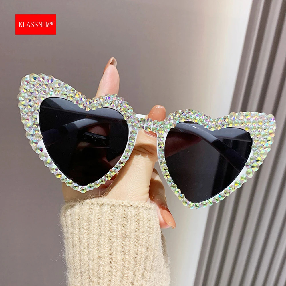 KLASSNUM Women Diamond Frame Heart Shape Sunglasses Large Anti UV400 Sun Glasses for Ladies Year Party Eyewear 250617