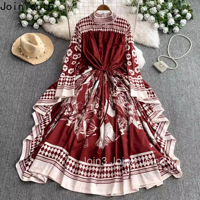 2025 Vestidos De Mujer Maxi Dresses for Womens Stand Neck Floral Print Elegant Summer Dress Loose Vintage Korean Robe Femme