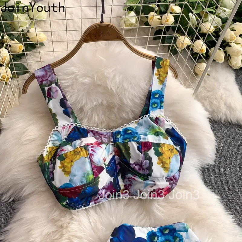 Skirt Outfits Women Clothing Summer 2 Piece Sets Sexy Tunic Crop Tops High Waist A-line Big Swing Skirts Suit Sweet Floral Set